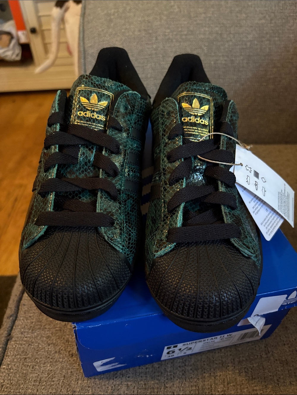 adidas Black & Green Snake-Print Superstar Sneakers